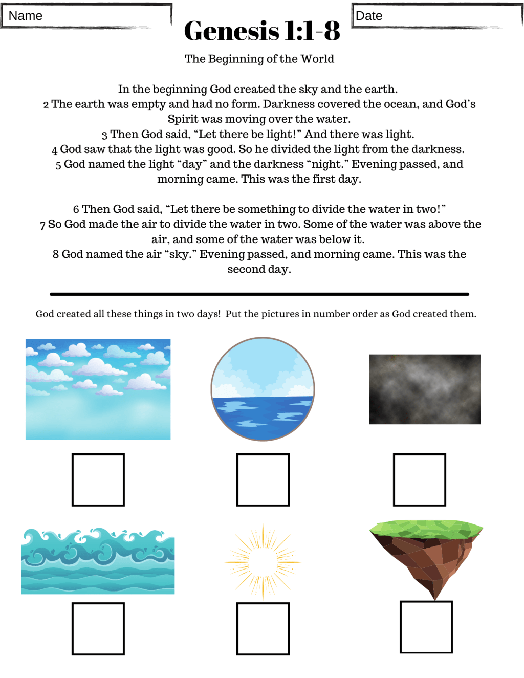 Genesis 1 – FREE BIBLE WORKSHEETS!  Genesis – Creation –&nbsp;Praise!