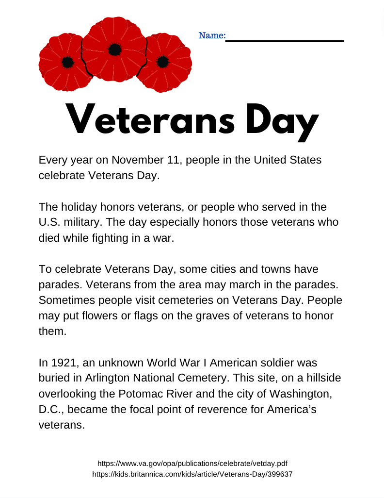 Veterans Day Worksheet PDF&nbsp;Download