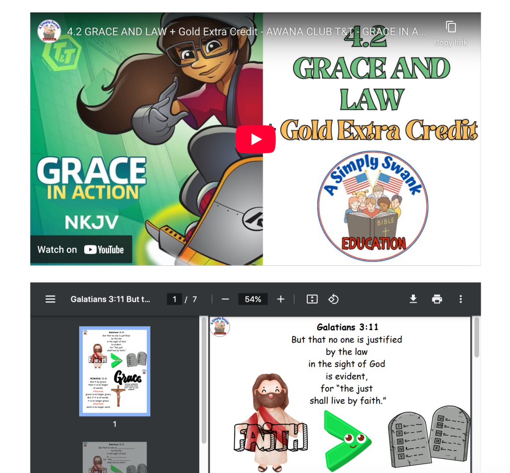 4.2 GRACE AND LAW + Gold Extra Credit – AWANA CLUB T&T – GRACE IN ACTION – NKJV- Video and PDF&nbsp;Worksheet