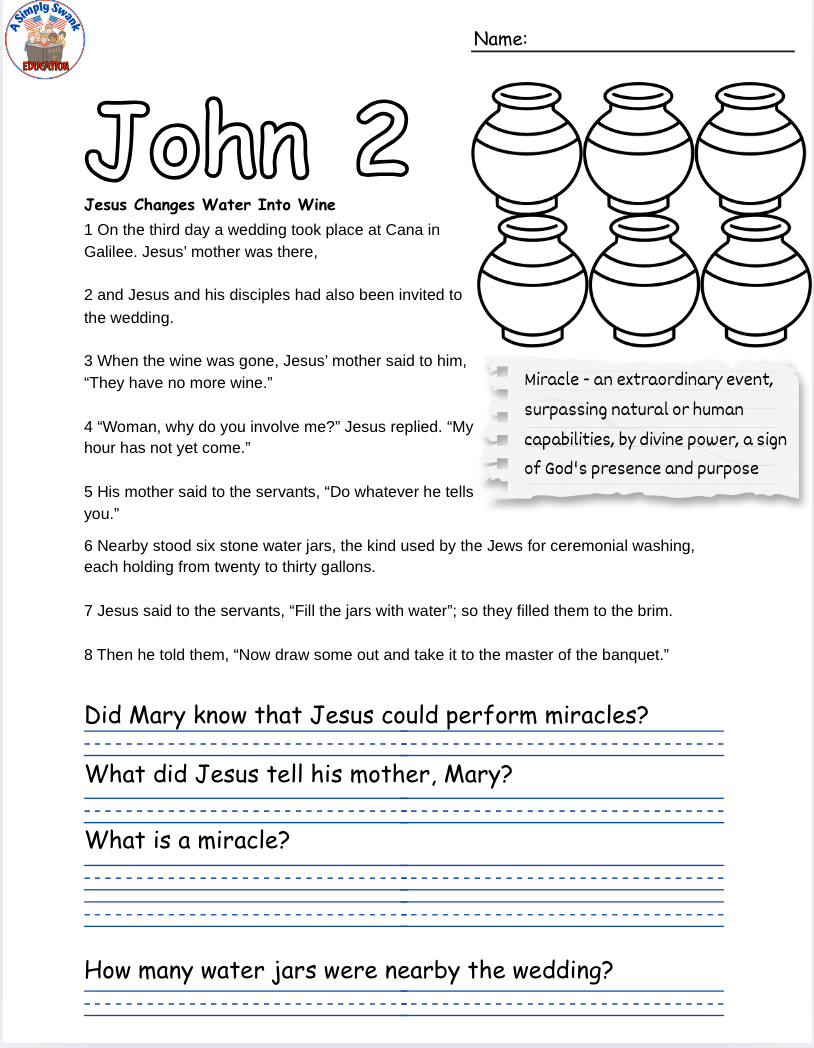 The Book of John Workbook (CHAPTER 2) – Grades 4&5 –  (free PDF)  – A Simply Swank&nbsp;Education