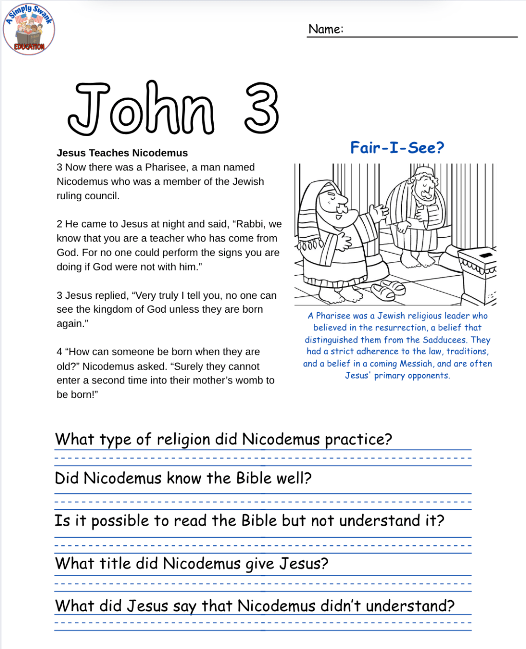 The Book of John Workbook (CHAPTERS 1-3 ) – Grades 4&5 – (free PDF) – A Simply Swank&nbsp;Education